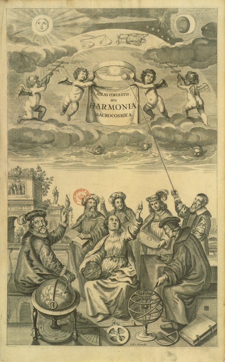 Andreas Cellariuksen "Taivaallisen atlasen eli universumin harmonian" (Atlas coelestis seu harmonia macrocosmica) etukappale Amsterdamissa, n. 1660 tekijältä Frederick Hendrick van Hove