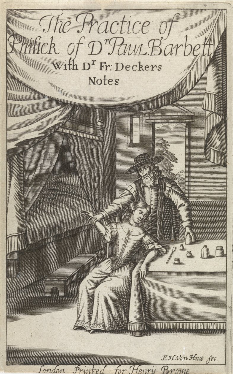 Lääkäri nuoren naisen kanssa sisätiloissa Nimisivu: Dekkers, F., The Practice of Phisick of Dr. Paul Barbara tekijältä Frederick Hendrick van den Hove