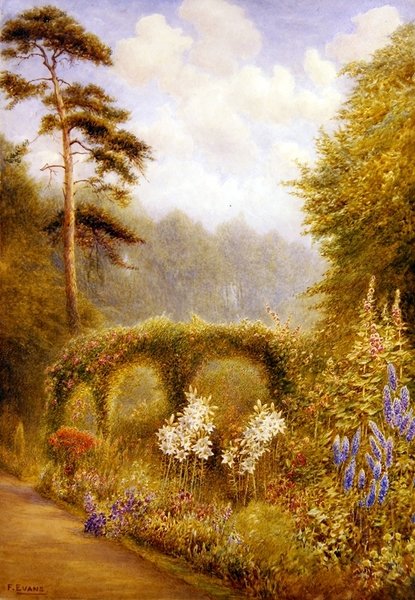 Liljat ja delphiniumit, Golden Hill Park, Lontoo (akvarelli paperille) tekijältä Frederick Henry Evans