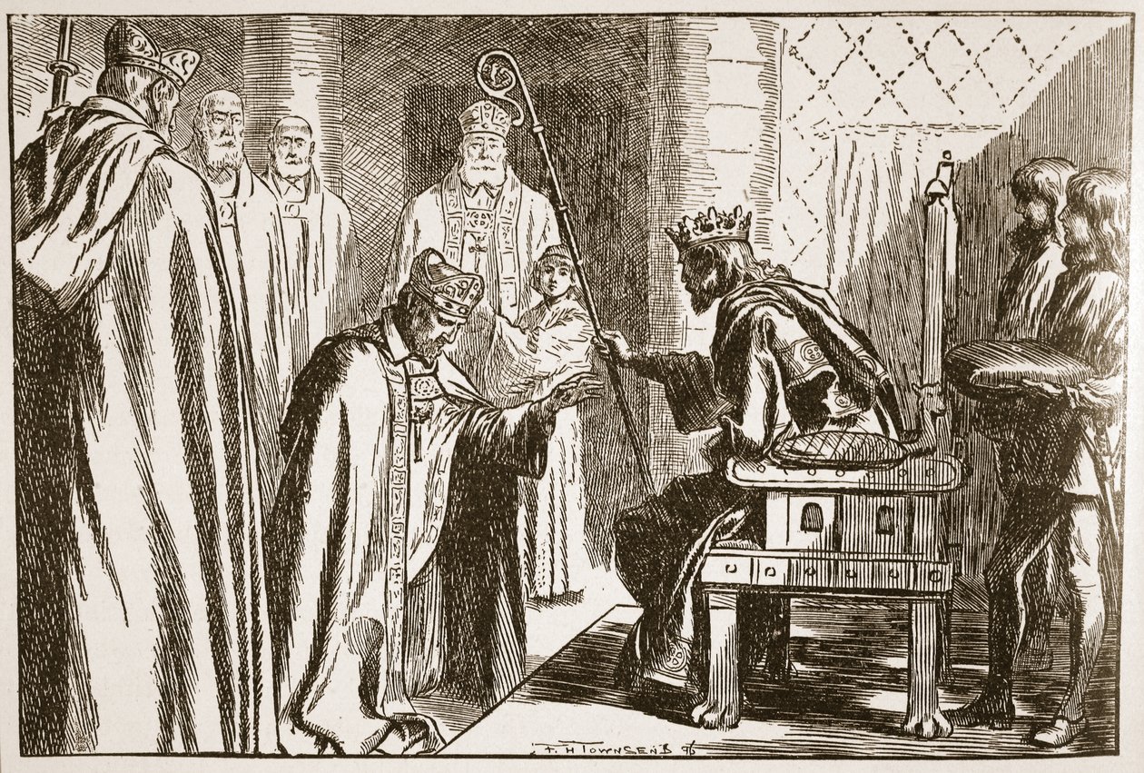 Saksilaisen piispan virkaan asettaminen, kuvitus teoksesta "The Church of England: A History for the People", kirjoittanut H.D.M. Spence-Jones, pubi. n. 1910 (seepiavalokuva) tekijältä Frederick Henry Townsend