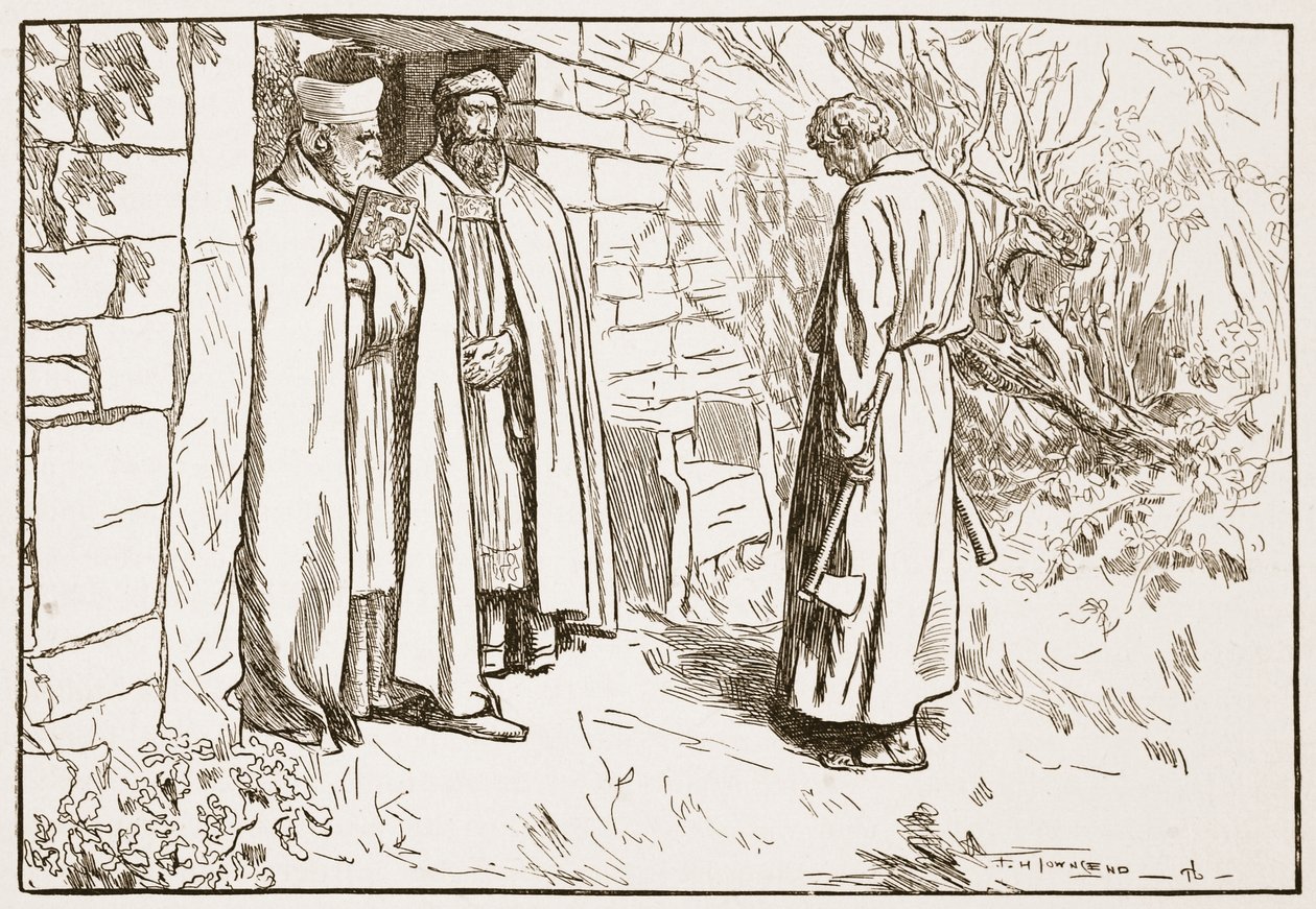 Owini luostarissa, kuvitus teoksesta "The Church of England: A History for the People", kirjoittanut H.D.M. Spence-Jones, pubi. n. 1910 (seepiavalokuva) tekijältä Frederick Henry Townsend