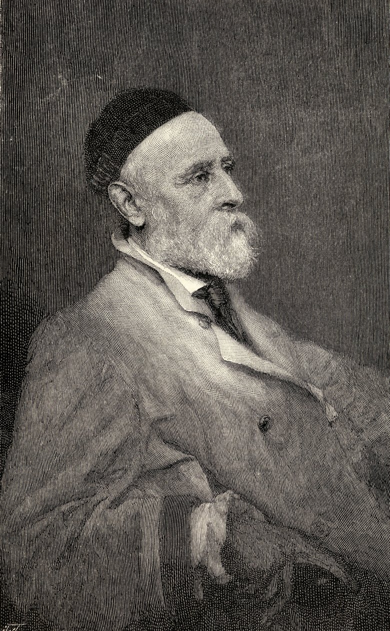 George Frederick Wattsin muotokuva, T. Johnsonin kaivertama Hollyerin valokuvan jälkeen, The Century Illustrated Monthly Magazine -lehdestä, toukokuusta lokakuuhun 1883 tekijältä Frederick Hollyer