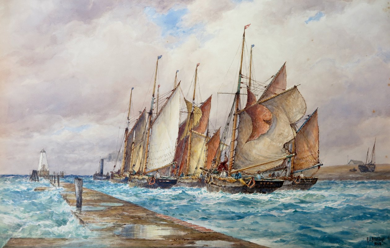 Rye Harbour, Sussex: Russeye: The Departure of the Fishing Fleet (akvarelli). tekijältä Frederick James Aldridge