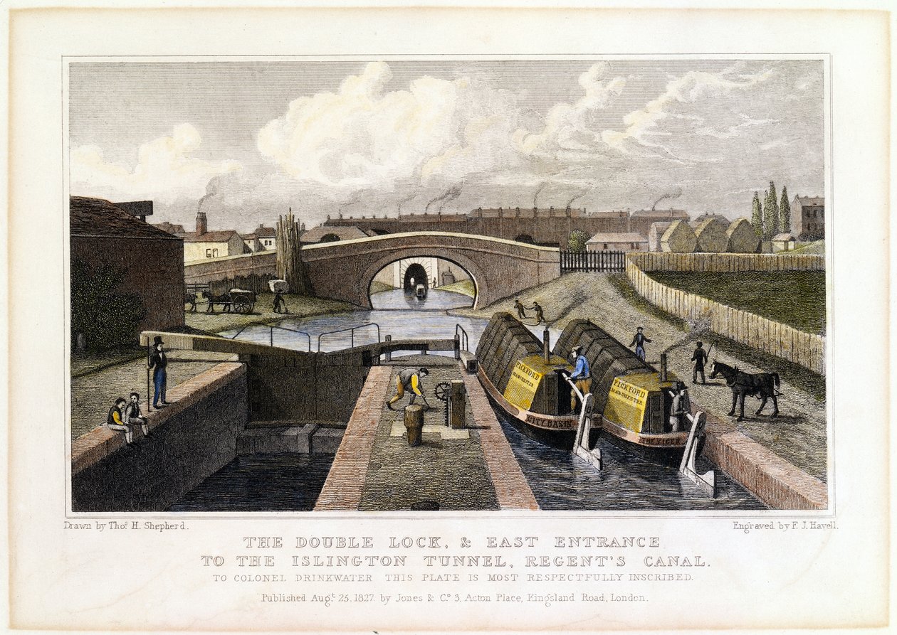 Kaksoislukko ja itäinen sisäänkäynti Islingtonin tunneliin, Regents Canal, 1827 tekijältä Frederick James Havell