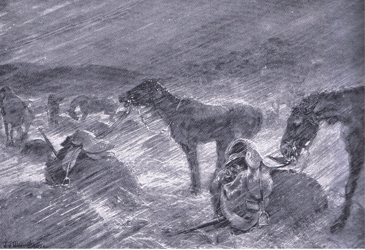 Eteläafrikkalainen raekuuro, teoksesta After Pretoria: The Guerilla War, jonka on julkaissut Harmsworth Bros Limited, 1901. tekijältä Frederick Judd Waugh