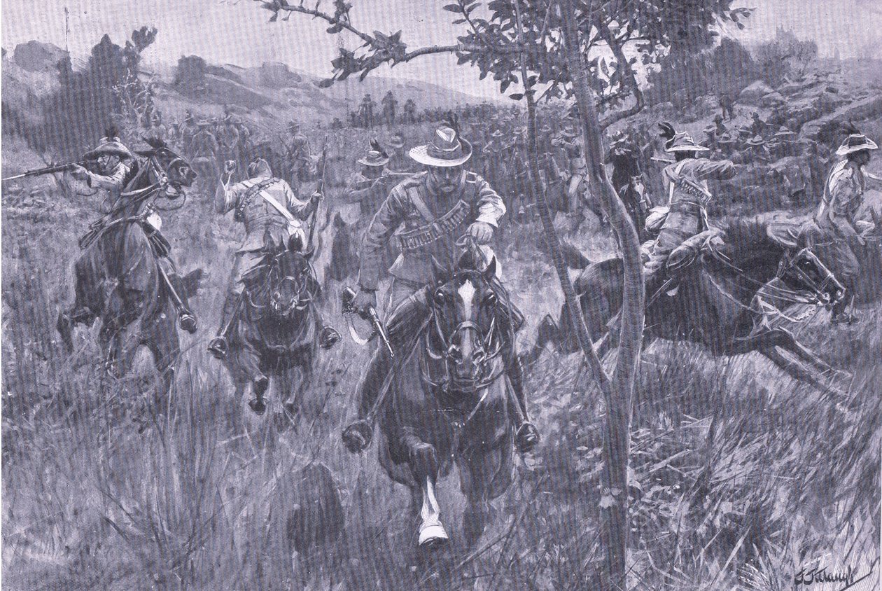 Hyökkäys partiota vastaan, teoksesta After Pretoria: The Guerilla War, julkaissut Harmsworth Bros Limited, 1901. tekijältä Frederick Judd Waugh