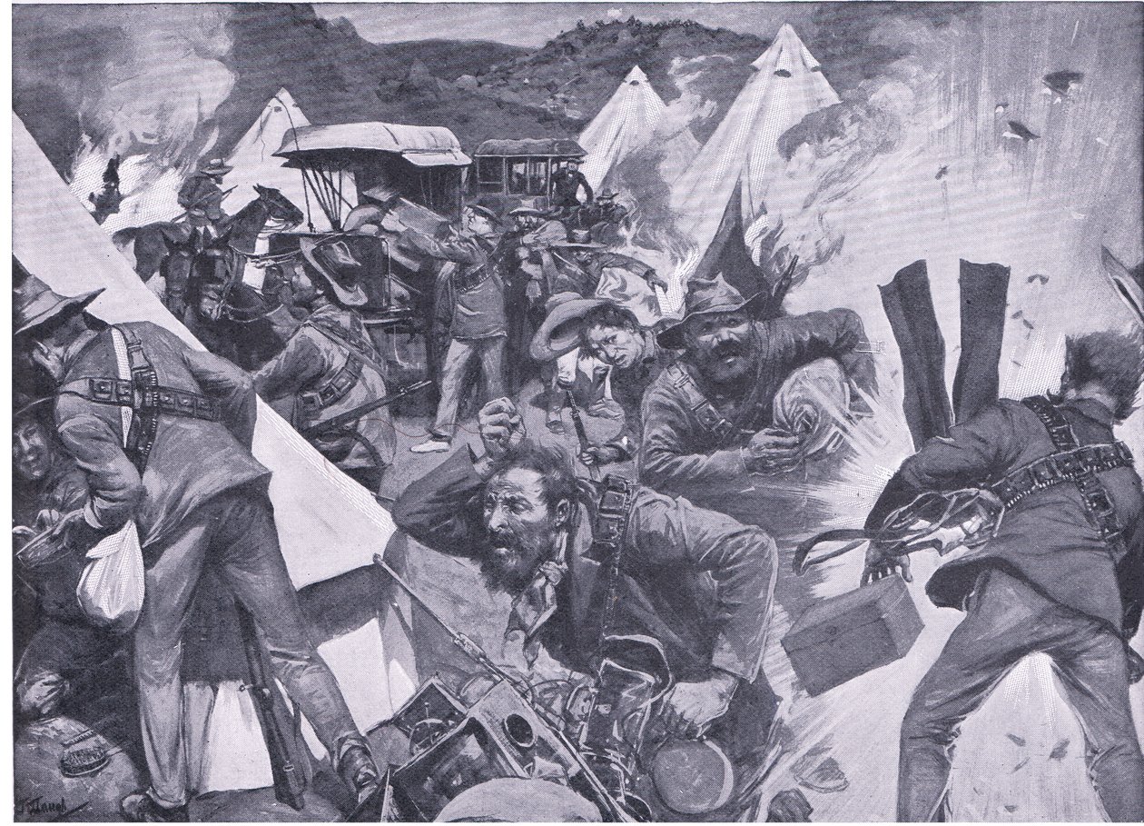 Buurit ryöstelevät brittiläistä leiriä Nooitgedachtissa tykistön tulituksessa, teoksesta After Pretoria: The Guerilla War, jonka on julkaissut Harmsworth Bros Limited, 1901. tekijältä Frederick Judd Waugh