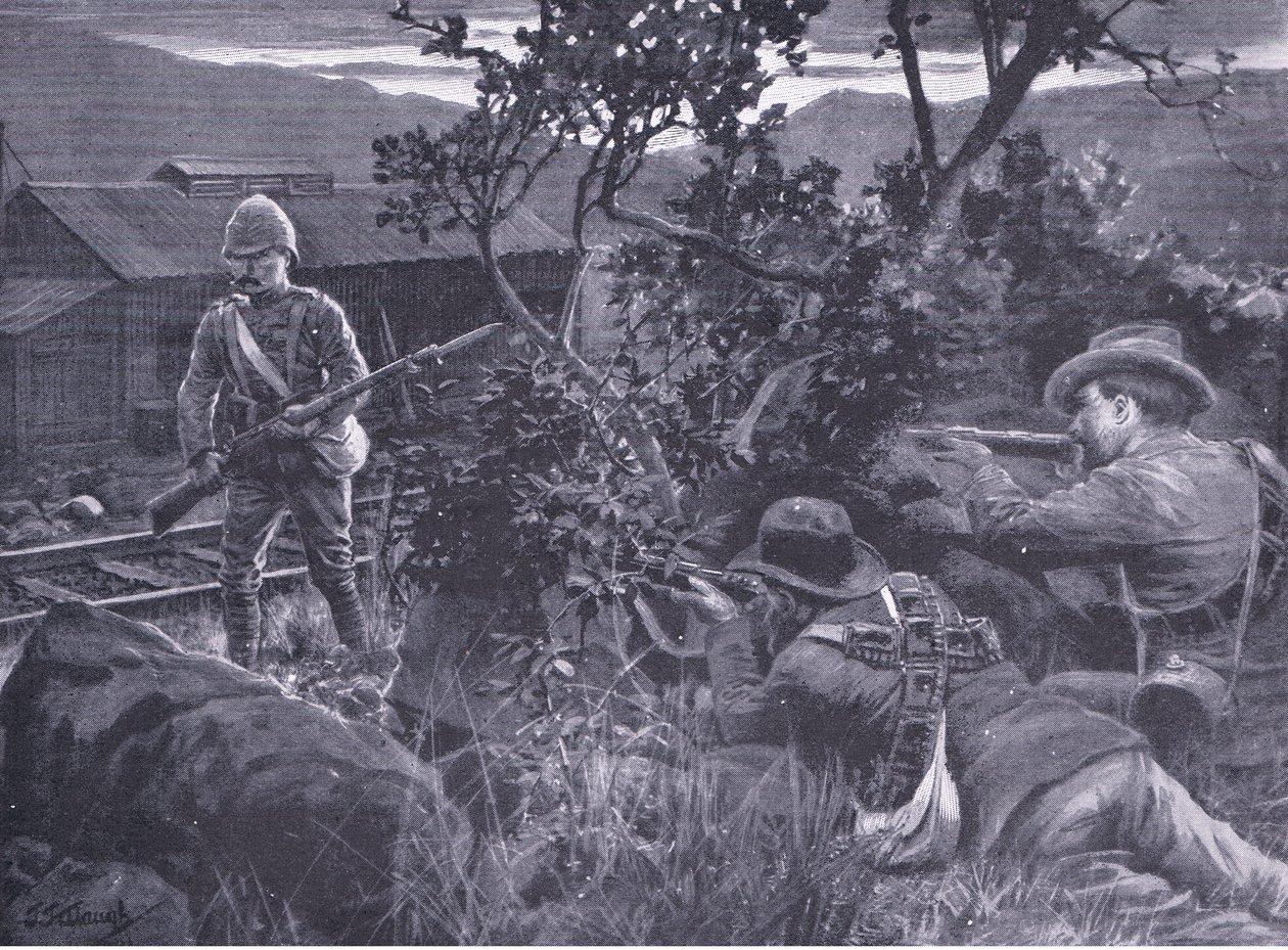 Degeneroitunutta sodankäyntiä: buurit ampuvat vartiomiestä, teoksesta After Pretoria: The Guerilla War, jonka on julkaissut Harmsworth Bros Limited, 1901. tekijältä Frederick Judd Waugh