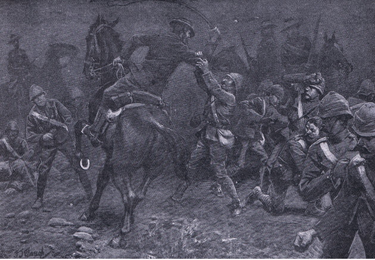 Majuri Boole-Smith tarttuu De Wetiin, teoksesta After Pretoria: The Guerilla War (Pretorian jälkeen: sissisota), jonka on julkaissut Harmsworth Bros Limited, 1901. tekijältä Frederick Judd Waugh
