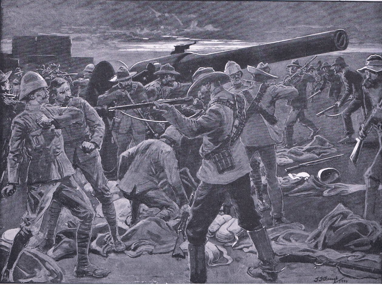 Hyökkäys Gun Hillille: After Pretoria: The Guerilla War (Pretorian jälkeen: sissisota), jonka on julkaissut Harmsworth Bros Limited, 1901. tekijältä Frederick Judd Waugh