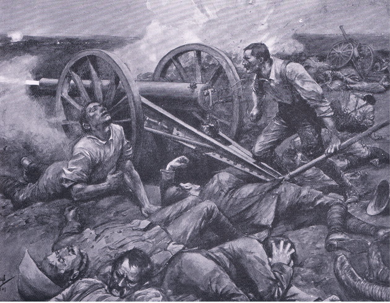 Dewetsdorpin puolustus: 15 puntarin työskentely yksin käsin, kuvitus teoksesta Pretorian jälkeen: sissisota, 1902. tekijältä Frederick Judd Waugh