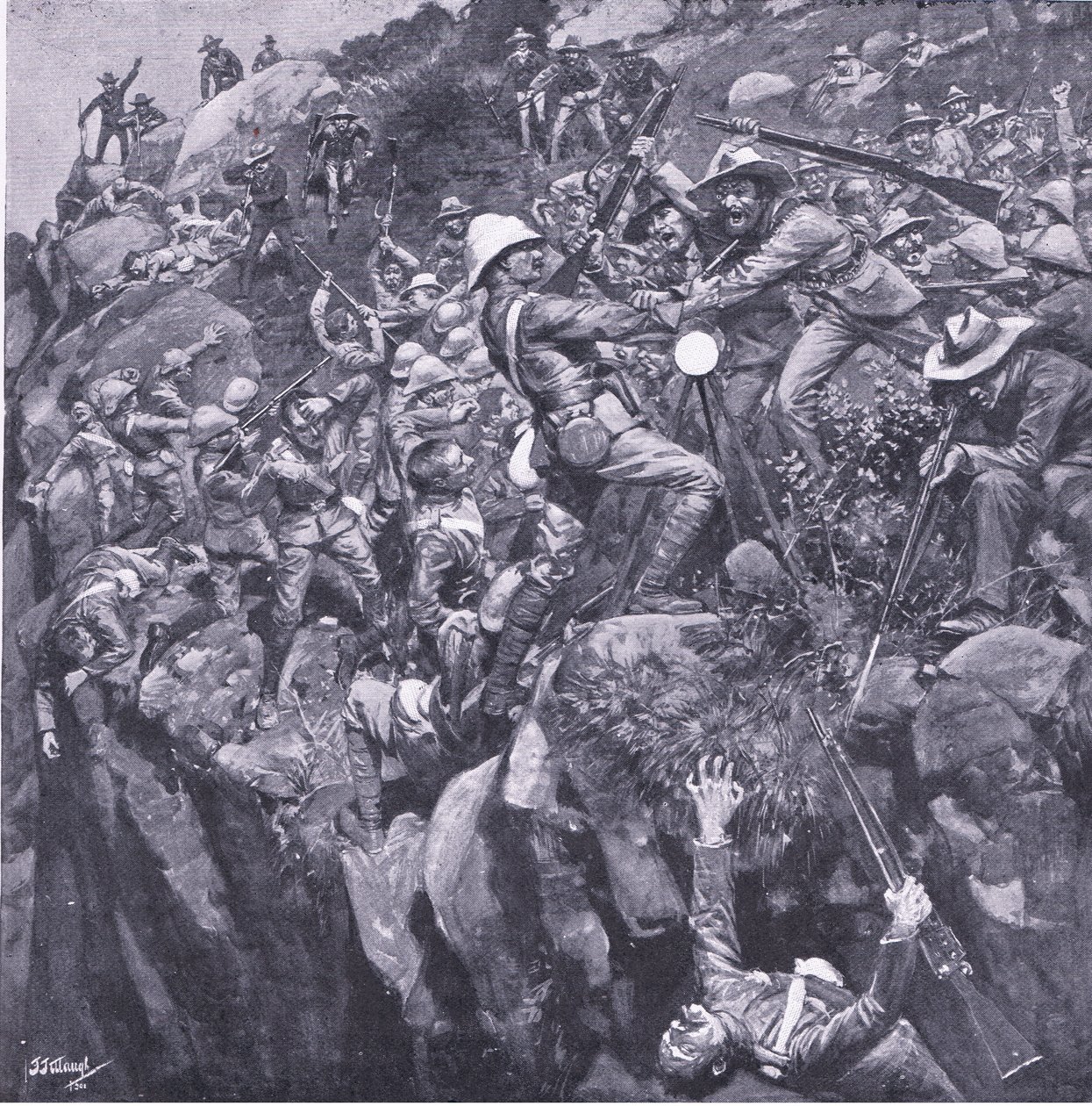 Nooitgeddachtin katastrofi: After Pretoria: The Guerilla War (Pretorian jälkeen: sissisota), jonka on julkaissut Harmsworth Bros Limited, 1901. tekijältä Frederick Judd Waugh