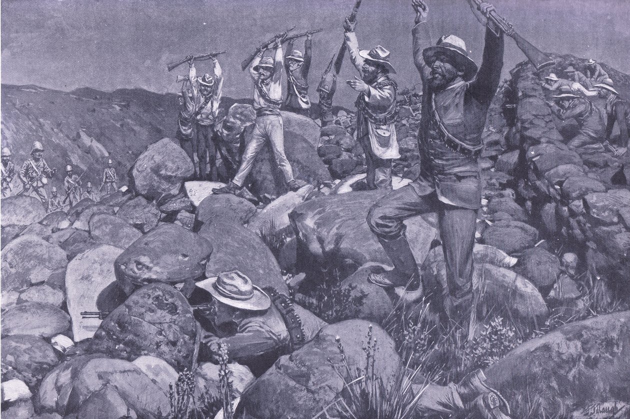Teeskennelty antautuminen, joka sai Liverpoolin epätoivoiseen asemaan, esimerkki elokuvasta After Pretoria: The Guerilla War, 1902 tekijältä Frederick Judd Waugh