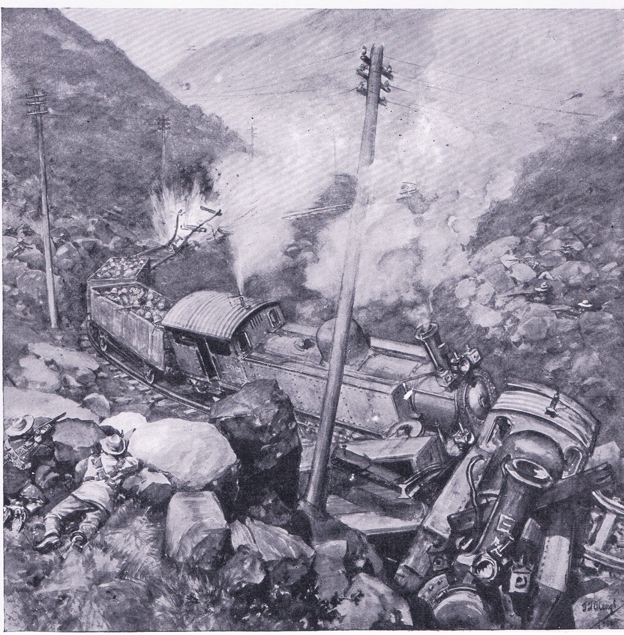 Panssaroidun junan tuhoutuminen Vlakfonteinin lähellä, kuva Pretorian jälkeen: Sissisota, 1902 tekijältä Frederick Judd Waugh