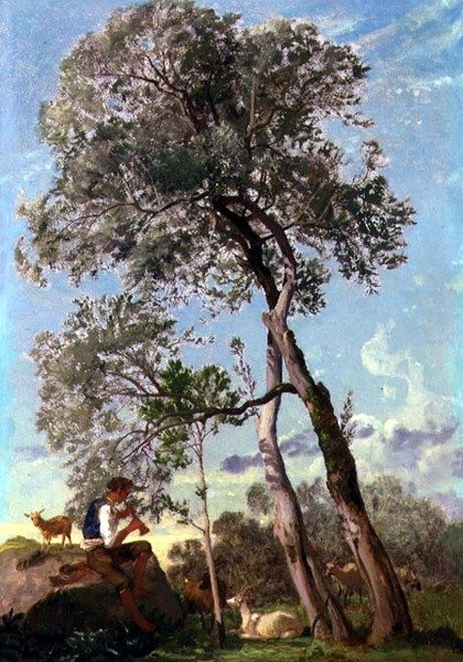 Campagnassa vuohipaimen leikkimässä piippua (öljyä paperille laitettuna alukselle) tekijältä Frederick Lee Bridell