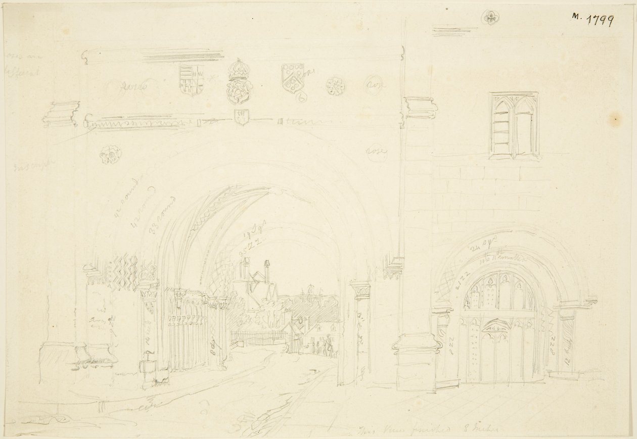 Bristolin katedraalin Abbey Gatehouse, Etelään katsova (kynä paperilla) tekijältä Frederick Mackenzie