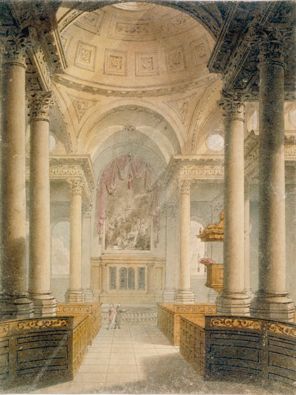 St Stephen Walbrookin kirkon sisustus, Lontoon kaupunki, 1810 tekijältä Frederick Mackenzie