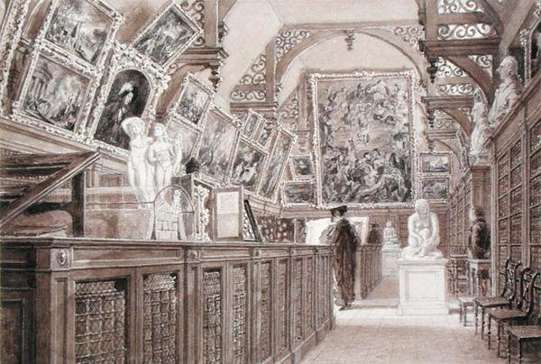 Old Perse Schoolin sisätilat, esillä valikoima Lord Fitzwilliamin testamenttia (lyijykynä, harja ja pesu paperille) tekijältä Frederick Mackenzie