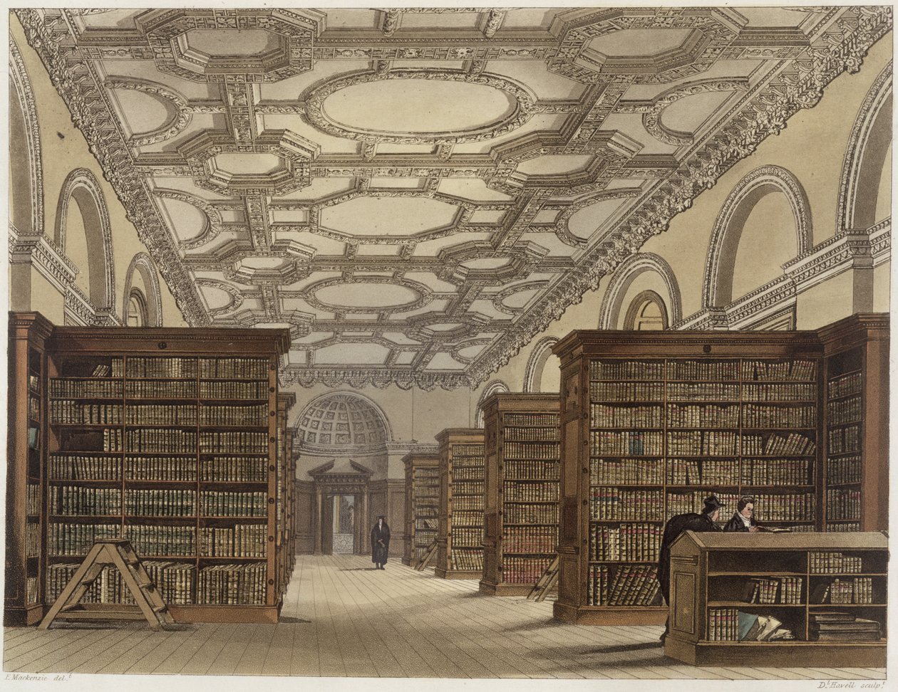 Cambridgen julkisen kirjaston sisustus, "The History of Cambridge", kaiverrus Daniel Havell (1785-1826), pub. R. Ackermann, 1815 (väriakvatinta) tekijältä Frederick Mackenzie