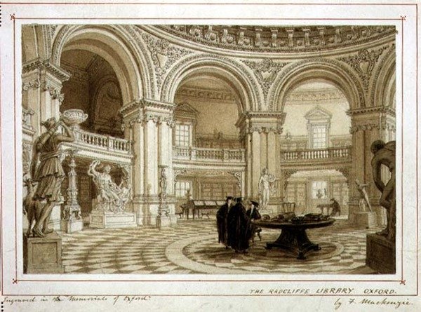 Radcliffe Library, Oxford, n. 1835 (akvarelli paperille) tekijältä Frederick Mackenzie