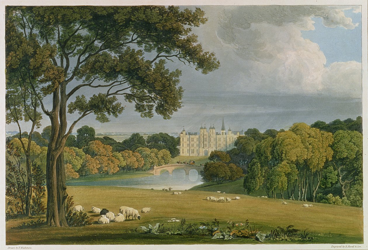 Näkymä Burghley Housesta, Exeterin markiisin istuimesta, kaiverrettu ja julkaissut Robert Havell (1769-1832), 1819 (värikaiverrus) tekijältä Frederick Mackenzie