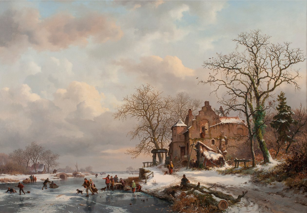 Talvimaisema luistelijoiden kanssa jäätyneellä joella, 1862 tekijältä Frederick Marianus Kruseman