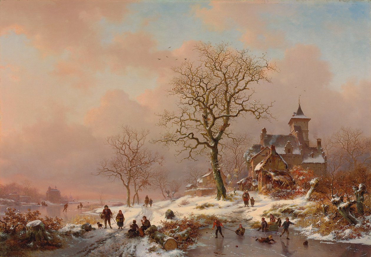 Talvimaisema, jossa hahmot leikkivät jäällä, 1868 tekijältä Frederick Marianus Kruseman