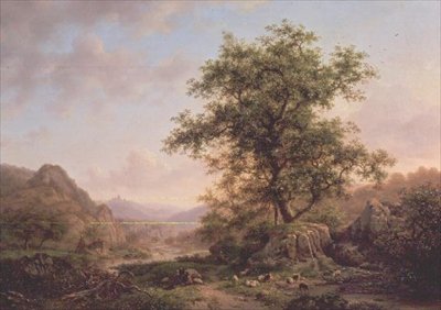 Metsäinen maisema, jossa on talonpoikia ja eläimiä polulla tekijältä Frederick Marianus Kruseman