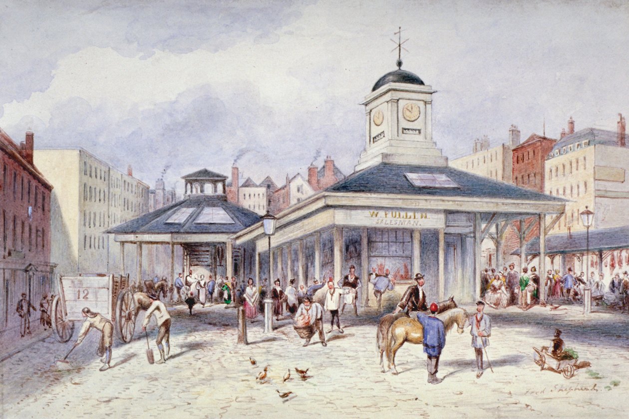 Näkymä Newgate Marketille Paternoster Squarella, Lontoon Cityssä, 1836. tekijältä Frederick Napoleon Shepherd