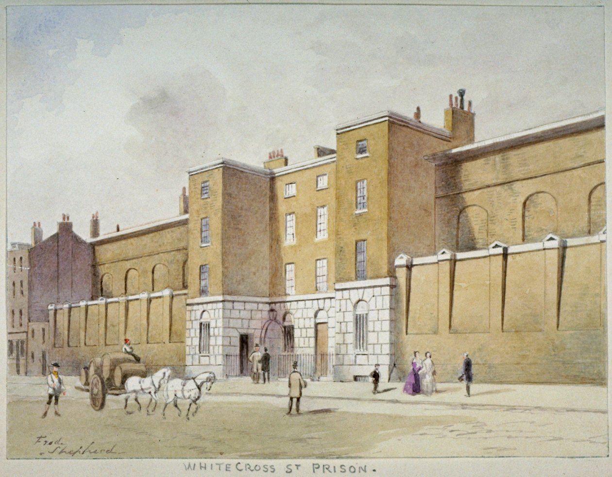 Näkymä Whitecross Streetin vankilasta velallisille, Lontoo, c1840 tekijältä Frederick Napoleon Shepherd