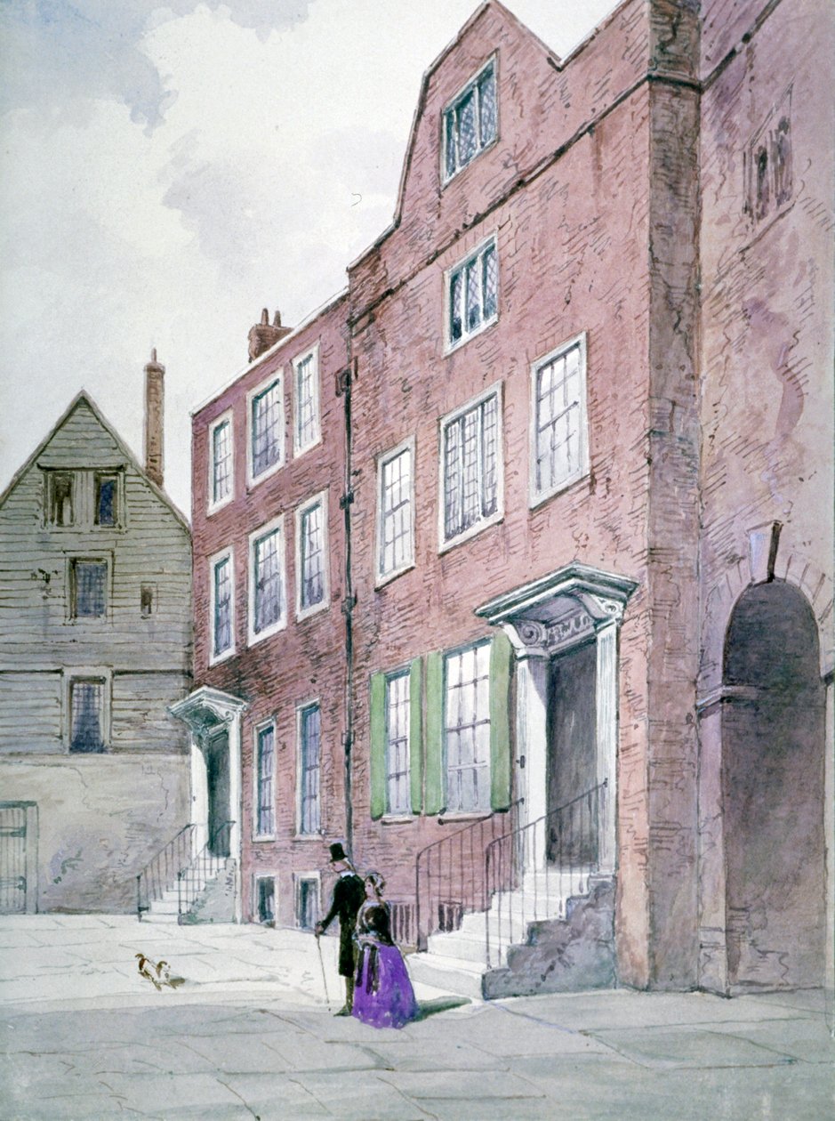 Näkymä kirkkoherran kansliasta, Bell Yard, Knightrider Street, Lontoon kaupunki, 1841 tekijältä Frederick Napoleon Shepherd