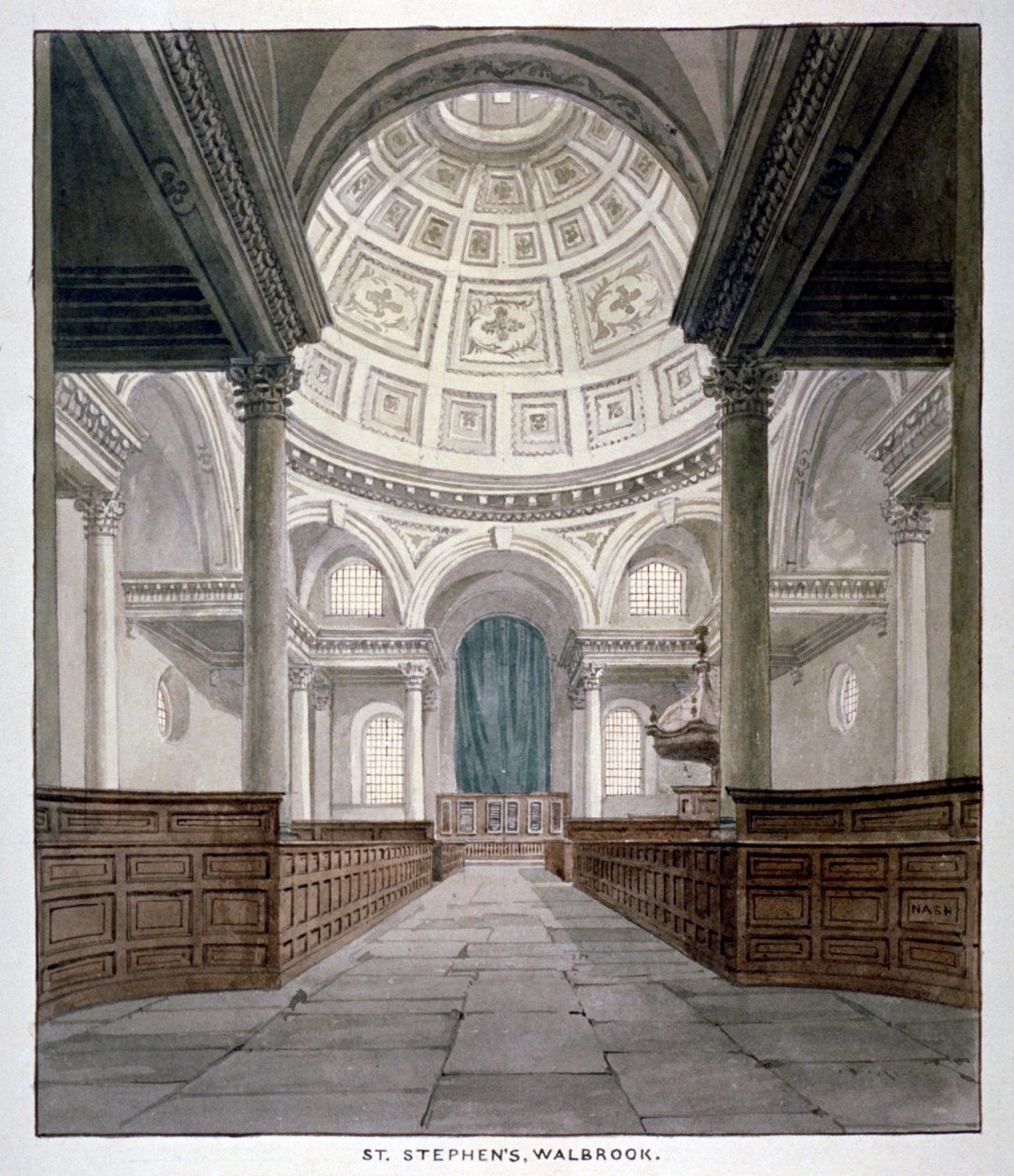 St Stephen Walbrookin kirkko, Lontoon kaupunki, vuonna 1840. tekijältä Frederick Nash