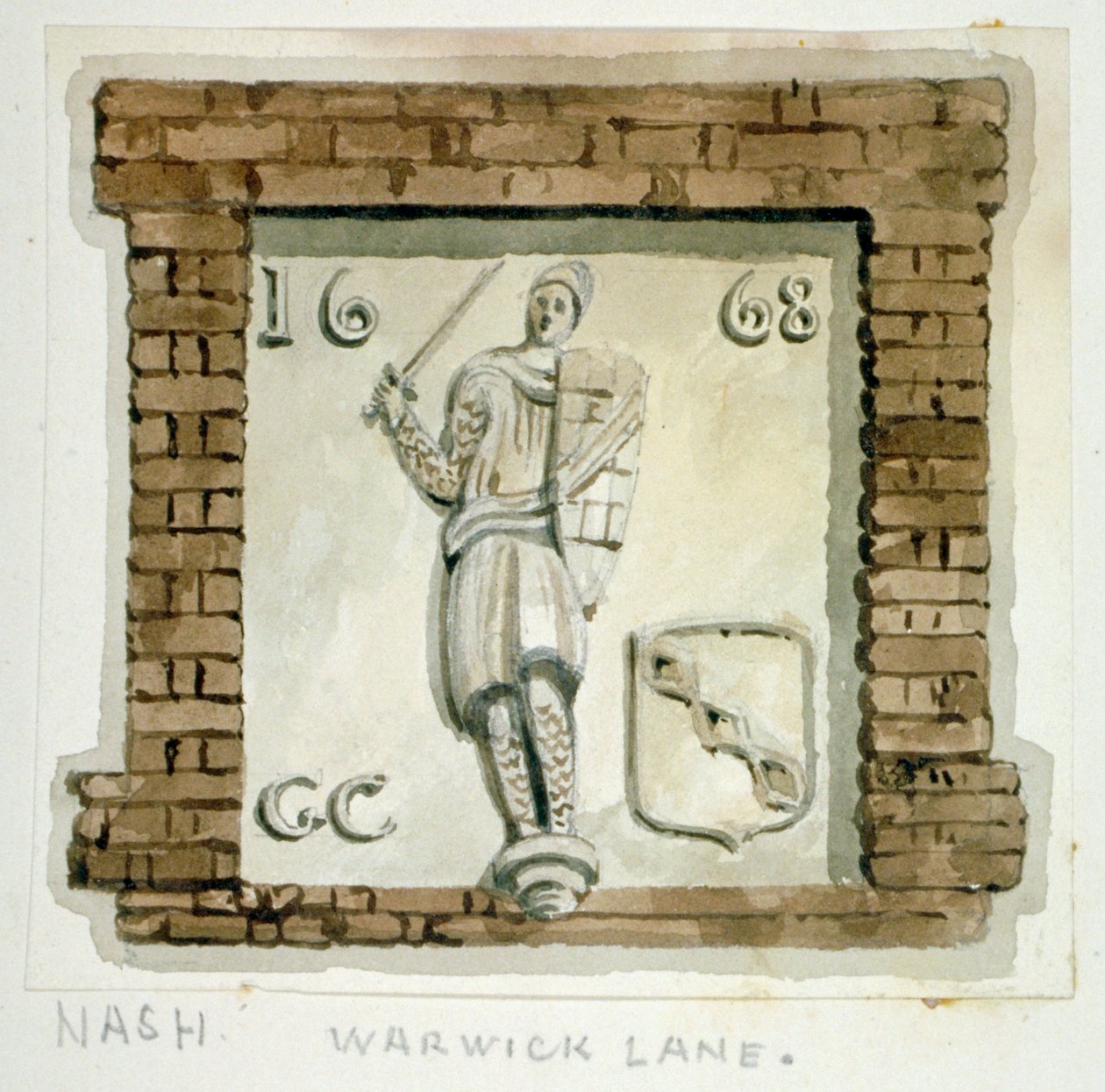 Effigy of Guy, Earl of Warwick, talon seinällä Warwick Lanella, Lontoon Cityssä, 1820. tekijältä Frederick Nash