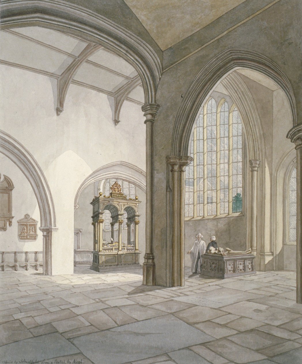Sisäkuva lounaaseen St Helenin kirkosta, Bishopsgate, Lontoon kaupunki, 1820 tekijältä Frederick Nash