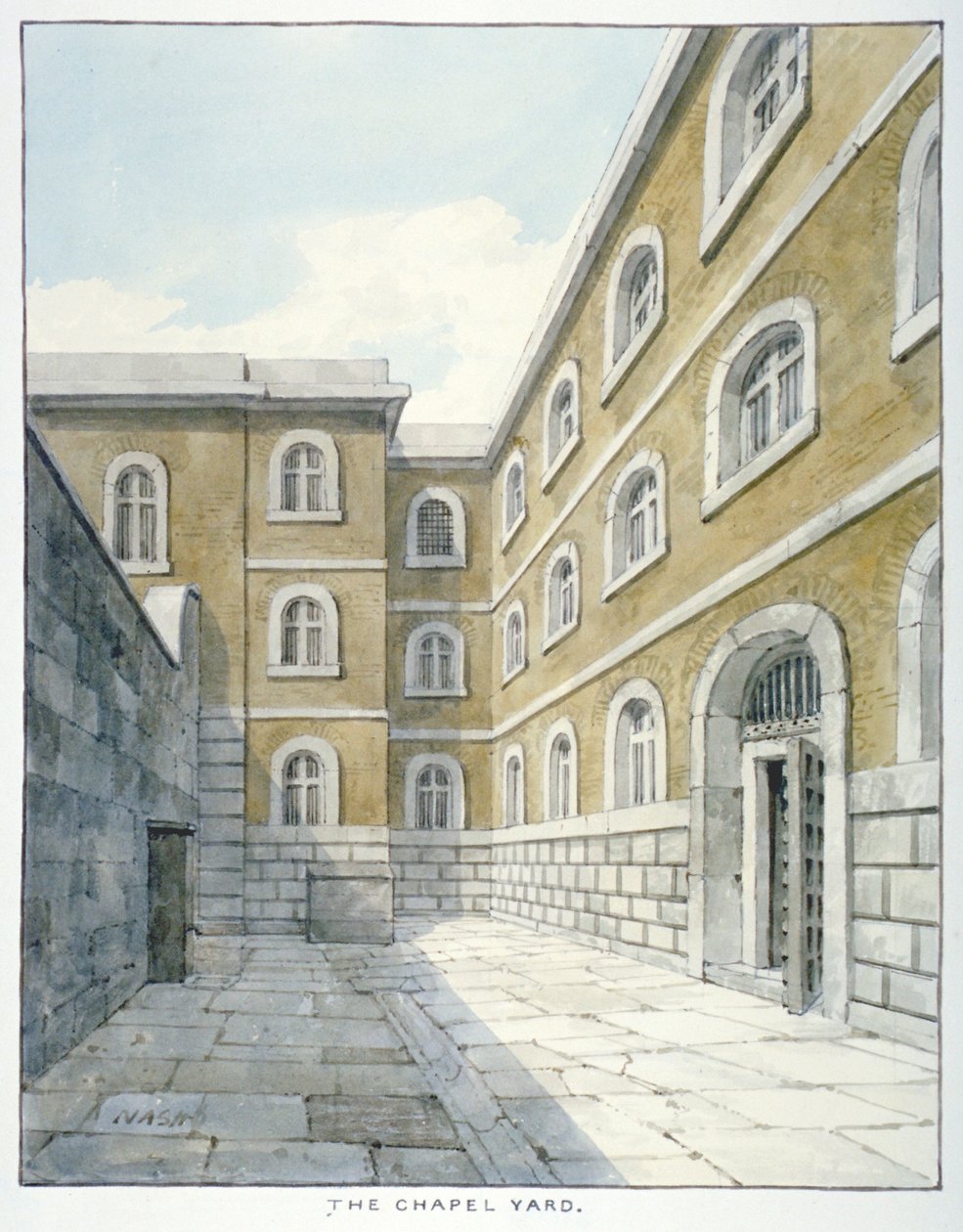 Kappelipiha Newgaten vankilassa, Old Baileyssa, Newgaten vankilassa, Old Baileyssä, Lontoon kaupungissa, 1840 tekijältä Frederick Nash