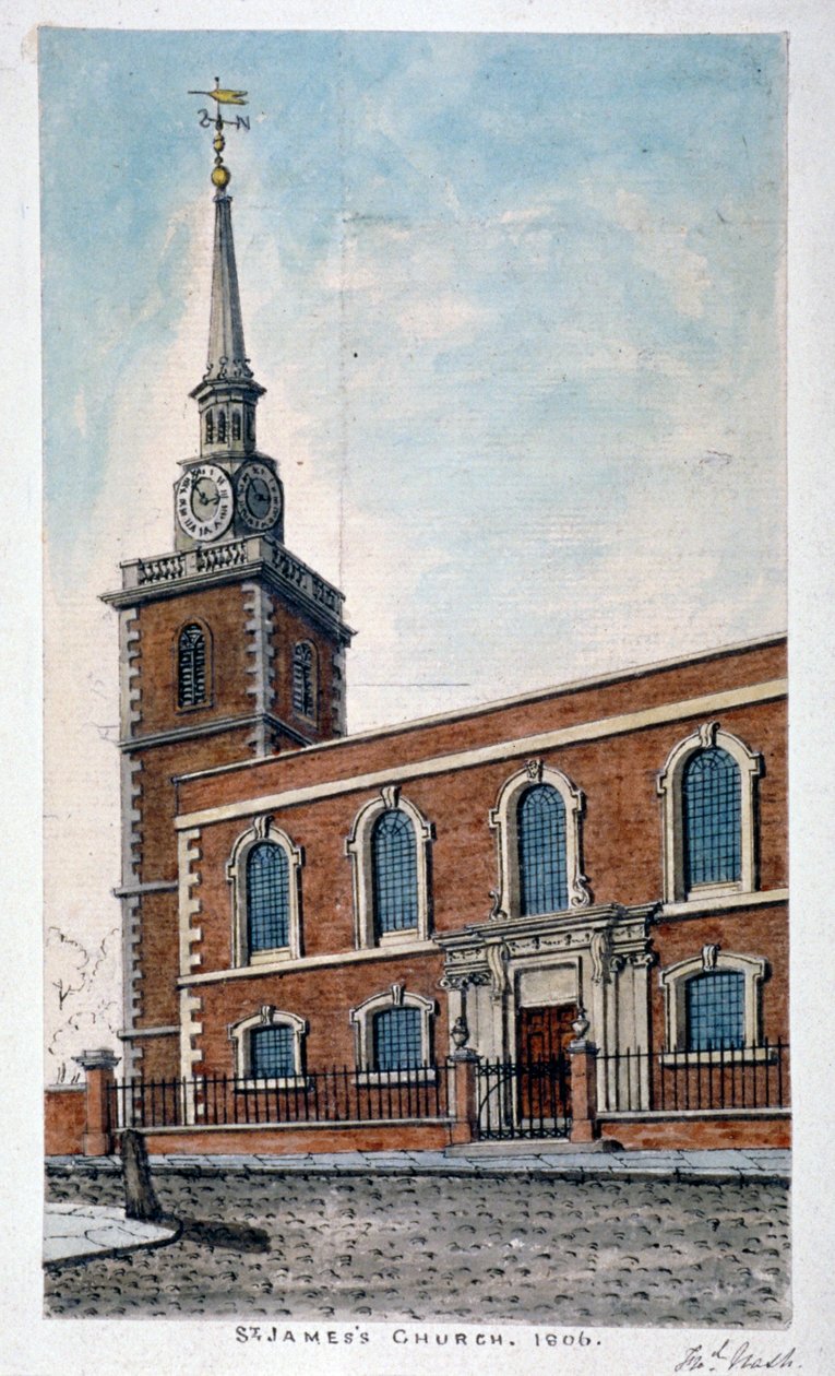 Näkymä Pyhän Jaakobin kirkolle, Piccadilly Jermyn Streetiltä Lontoosta, 1806. tekijältä Frederick Nash