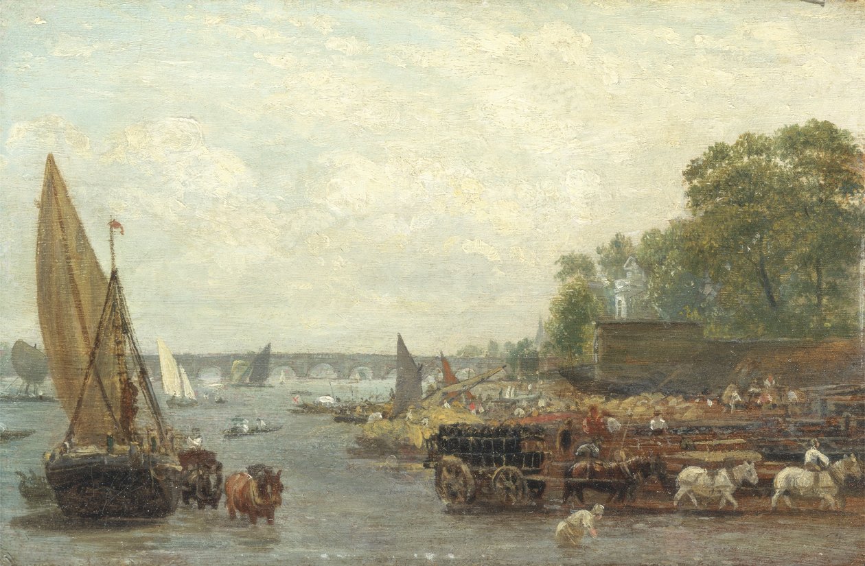 Westminster Bridge, n. 1820-30 (öljy paneelissa) tekijältä Frederick Nash