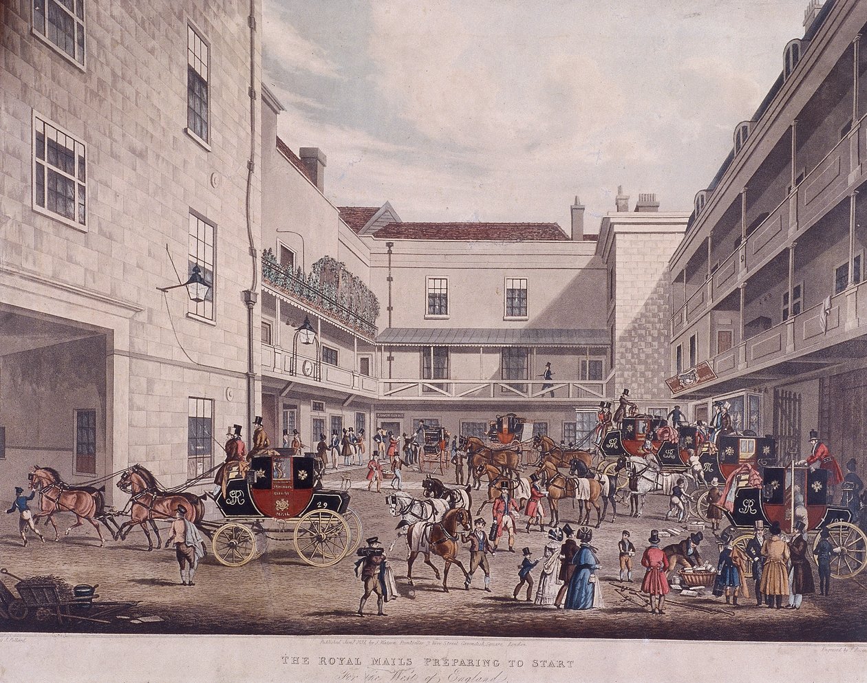 Royal Mail Coaches Lad Lane, Lontoo, 1831 tekijältä Frederick Rosenberg