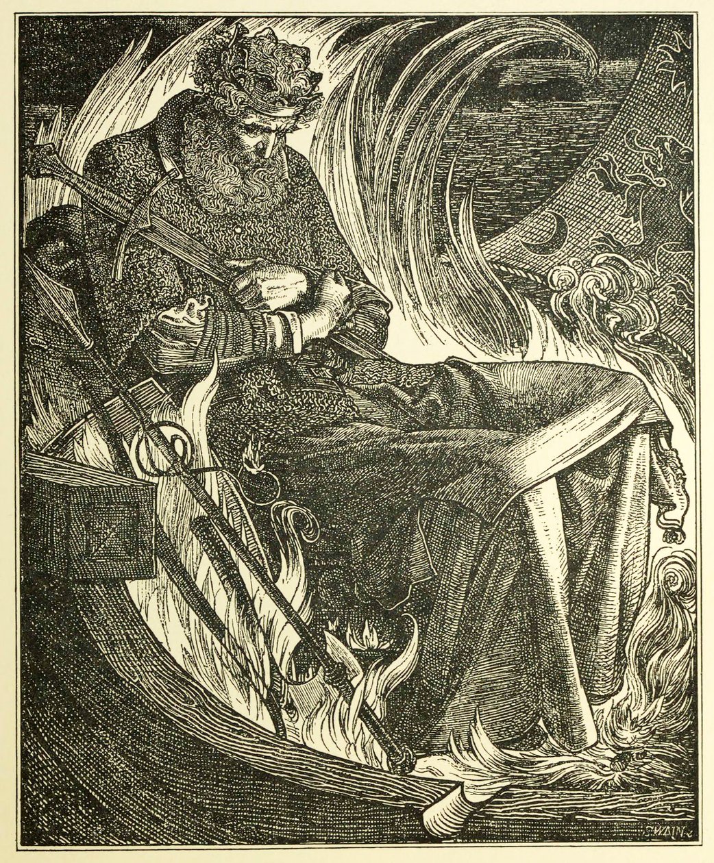 Kuningas Warwulfin kuolema, pubi. 1915 kaiverrus, 1915. tekijältä Frederick Sandys