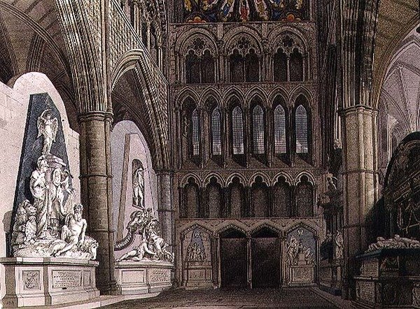 North Entrance, levy 55 Westminster Abbeysta, kaiverrettu J. Bluck (fl.1791-1831) ja Williamson, pub. kirjoittanut Rudolph Ackermann (1764-1834) 1811 (akvatinta) tekijältä Frederick and Villiers H. (after) Mackenzie