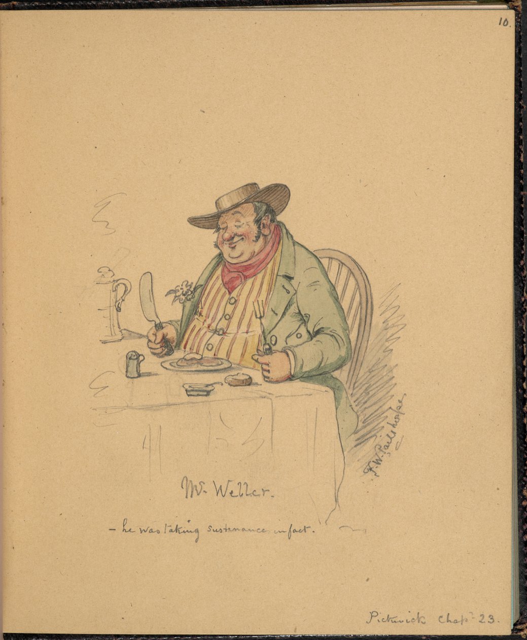 F. 10: kohtaus Pickwick Papersista, herra Weller, luonnoskirjasta, jossa on kohtauksia Charles Dickensin tarinoista (kynä ja akvarelli paperille) tekijältä Frederick W. Pailthorpe
