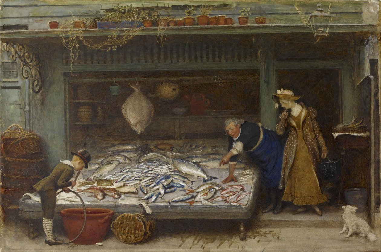 Kalakauppa, 1873 (wc paperille) tekijältä Frederick Walker
