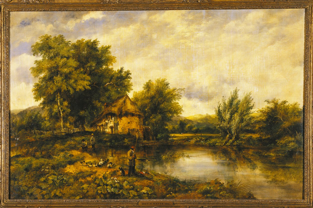 Jokimaisema onkijan kanssa myllyllä tekijältä Frederick Waters Watts
