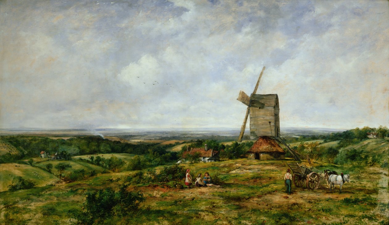 Maisema hahmoilla tuulimyllyn luona tekijältä Frederick Waters Watts