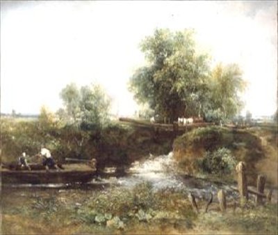 Joki, jossa hevoset ylittävät ja vene tekijältä Frederick Waters Watts