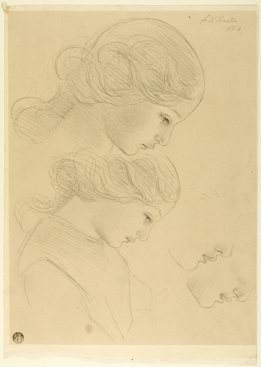 Luonnoksia naisen profiilista tekijältä Frederick William Burton