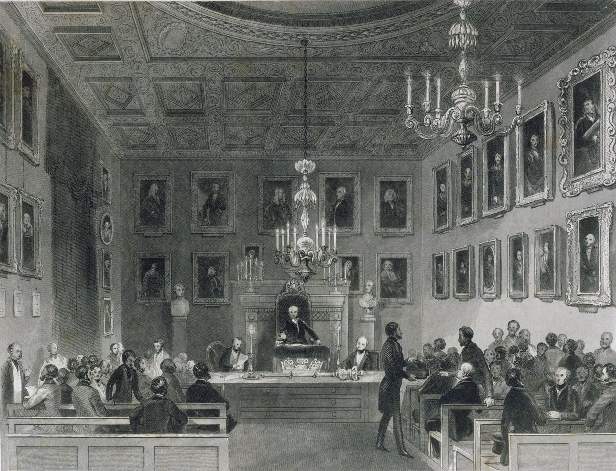 Näkymä Somerset Housen sisäpihasta, näyttää Royal Antiquarian Societyn kokousta, n. 1840 tekijältä Frederick William Fairholt