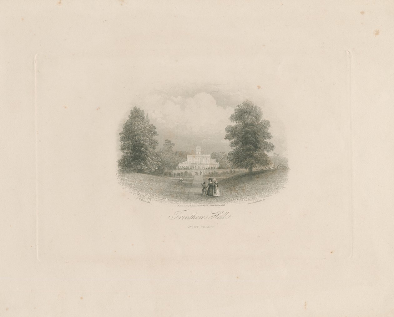 Trentham Hall: kaiverrus (vinjetoitu), nd [c 1843] (painettu) tekijältä Frederick William Hulme