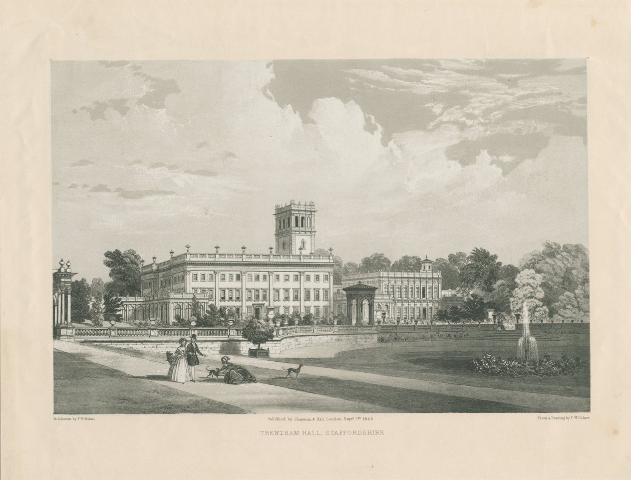Trentham Hall: litotintinen kaiverrus, nd [c 1846] (painettu) tekijältä Frederick William Hulme