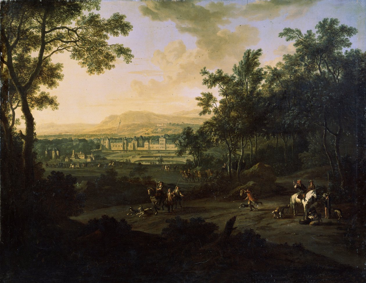 Maisema metsästäjien kanssa. Frederick de Moucheronin (1633-1686) maalaus. Öljy kankaalle, hollantilainen taide, barokkityyli. Mihail Kroshitskyn taidemuseo, Sevastopol (Sevastopol) Ukraina tekijältä Frederick de Moucheron